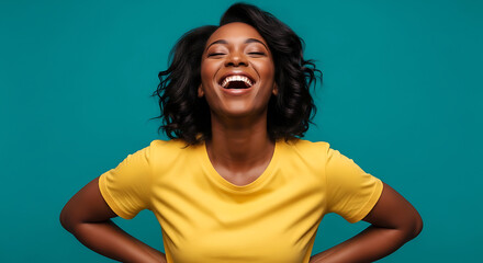 Fototapeta premium Cheerful Black woman laughing joyfully against bright teal background