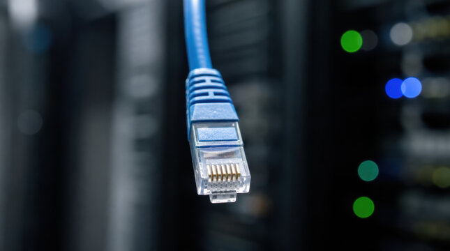 Blue ethernet cable connector network unplugged close up data center server technology cable hanging against blurred rack light with copy space