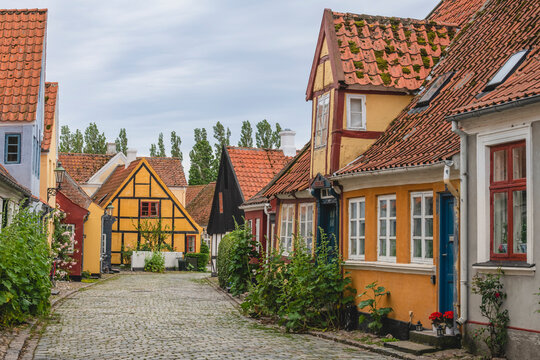 Denmark, Region of Southern Denmark, Aeroskobing, Old town houses along cobblestone street