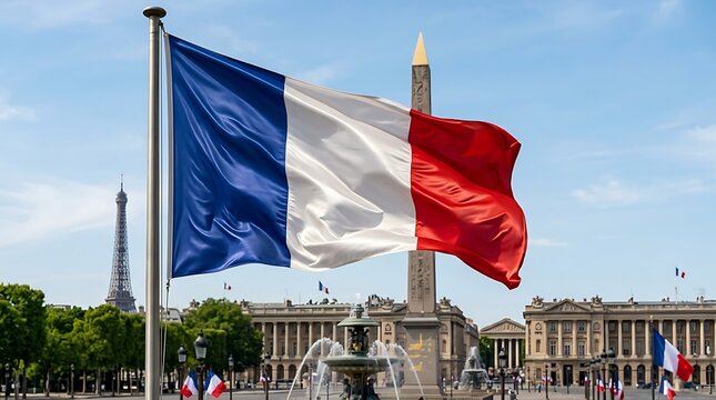 A large French flag waving proudly on a flagpole at the Place de la Concorde in Paris with the Eiffel Tower behind