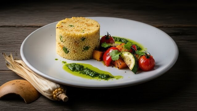 Molded cuscuz cylinder with roasted vegetables and herb oil, minimalist food photography with earth toned negative space