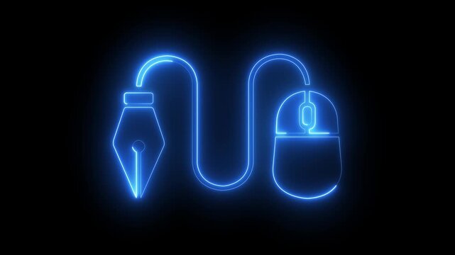 glowing neon fountain pen and computer mouse icon isolated on black background, representing digital writing, creative design and digital content creation. 4k video animation.