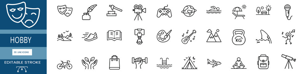 Entertainment and lifestyle line icons set featuring digital game gamepad, acoustic music guitar, mountain nature peaks, outdoor camping tent & more vector illustration with editable stroke. © Purnorup Dream IT 