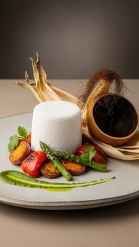 Molded cuscuz cylinder with roasted vegetables and herb oil, minimalist food photography with earth toned negative space