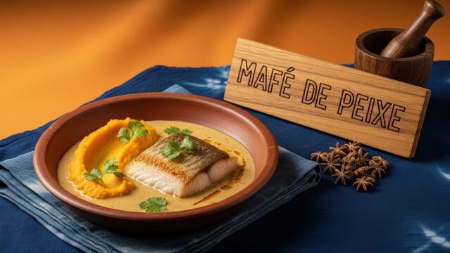 Seared fish in maf&eacute; sauce with sweet potato puree and micro cilantro, traditional food photography with warm orange negative space