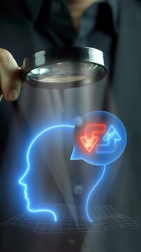 Close-up vertical shot of businessman's hand using magnifying glass to scan glowing human head brain with sync arrows icon. Dark futuristic background, mindset transformation and logic concept.
