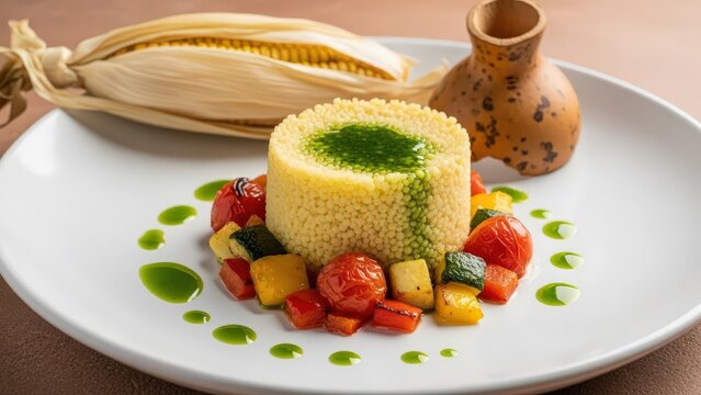 Molded cuscuz cylinder with roasted vegetables and herb oil, minimalist food photography with earth toned negative space