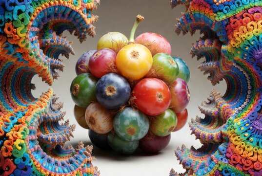Grappolo sferico di frutti esotici multicolore incorniciato da intricati pattern frattali psichedelici, arte generata con IA