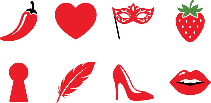 Red Icon Set with Chili, Heart, Mask, Strawberry, Keyhole, Feather, High Heel, and Lips for Valentine and Fashion Designs