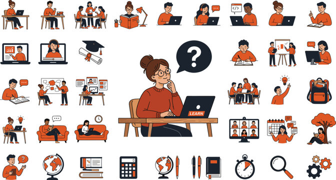 Set of education and online learning icons with students and school supplies
