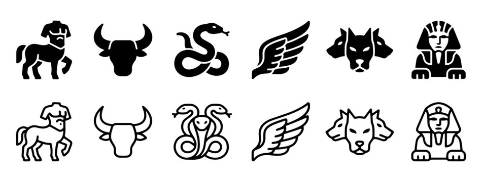 Ancient Greek Mythology Icons Set, 12 Mythical Creature Vector Symbols, Black Silhouette and Line Art Monsters for History and Gaming Graphics