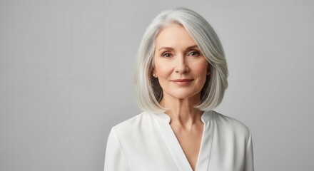 Fototapeta premium Portrait of an elegant mature woman with silver hair smiling gently, showcasing healthy aging and radiant skin against a neutral gray studio background.