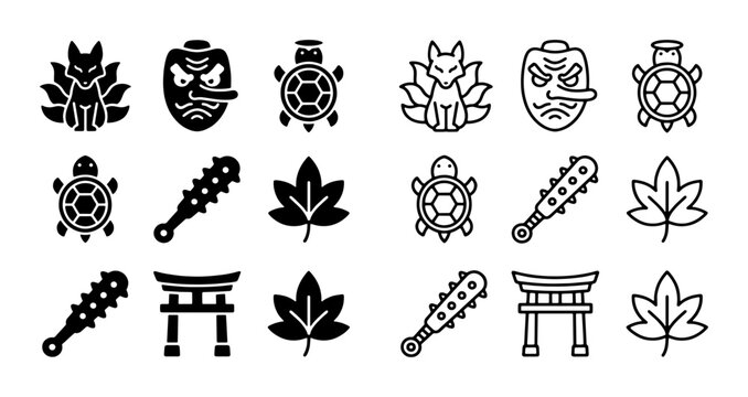 Japanese folklore icons set, traditional oriental mythology symbols in solid and line styles, 18 vector elements for cultural branding
