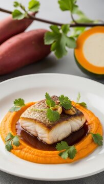 Seared fish in silky mafe sauce with sweet potato puree and micro cilantro, minimalist food photography with warm orange negative space