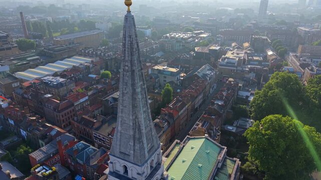 Aerial Video of Christ Church Spitalfields Spire and Hazy London Horizon in the morning. 