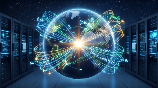 Glowing digital earth globe with luminous 5g network lines and data streams in server room