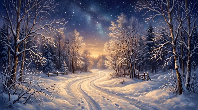 Winter forest path at dusk with starry sky and snow covered trees