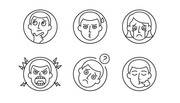 Minimalist line art circular icons showing a variety of human facial expressions from deep thinking to crying in grief.