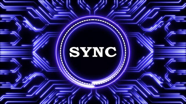 Futuristic purple circuit board animation featuring sync text in neon circle.