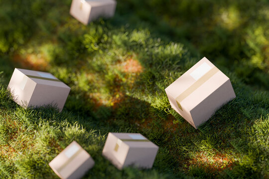 3D sunlit parcel closeup with cardboard boxes on grass