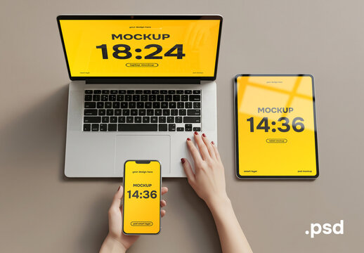 Responsive design laptop, tablet, smartphone top view mockup