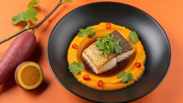 Seared fish in silky mafe sauce with sweet potato puree and micro cilantro, minimalist food photography with warm orange negative space