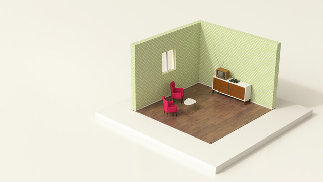 A 3d rendering shows a tiny retro living room with pink armchairs