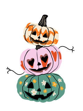 Stacked pastel Halloween pumpkins hand drawn clipart isolated
