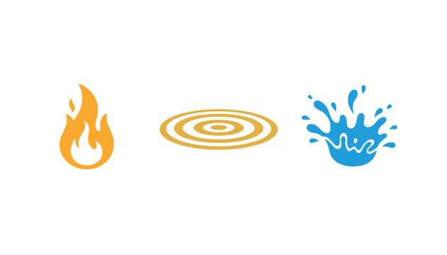Three elemental icons representing natural forces including flame for fire, concentric circles, and water splash.