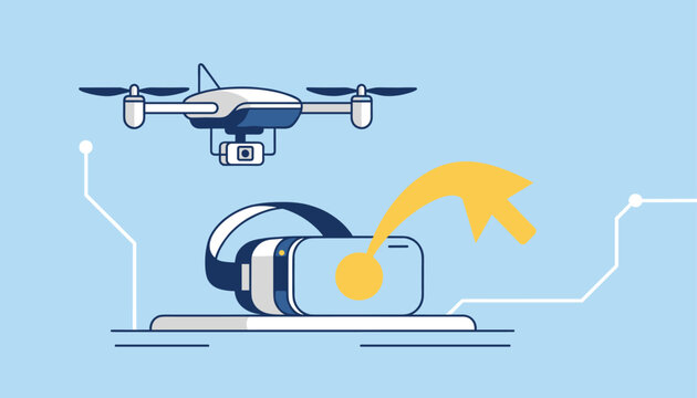 Drone flying above virtual reality VR goggles being selected with a yellow cursor on a blue tech background.