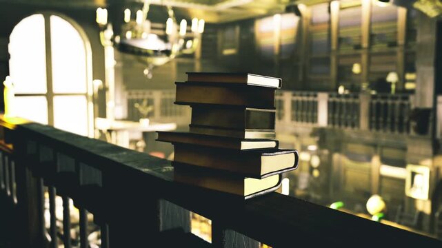 Stack of books on railing, cozy evening library corner with warm ambient lamp glow and soft bokeh, intimate balcony vantage suggests student study break, open