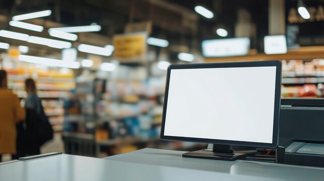 Blank screen computer monitor at supermarket checkout counter with blurred shoppers in background.