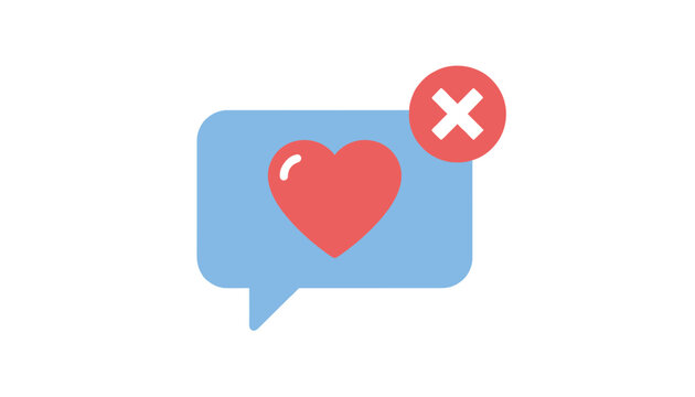 Blue chat bubble displaying a red heart with a red delete cross representing comment moderation or blocked love.