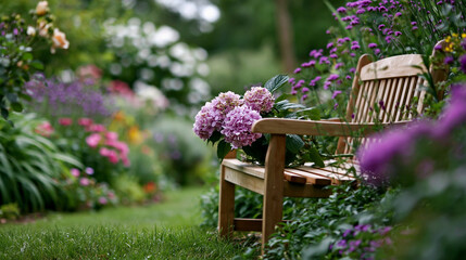 Obraz premium Cottage garden with colorful flowers ornamental shrubs and quiet seating