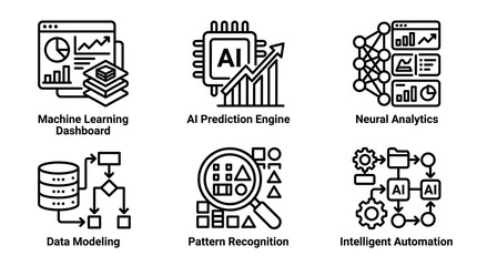 Obraz premium AI and Machine Learning Icon Set for Data Science and Automation