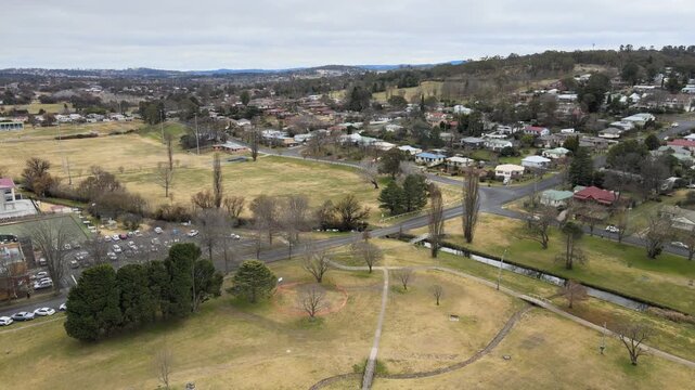 An aerial View of the town of Armidale in Australia with beautiful old buildings and churches