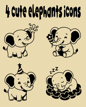 Cute Elephant Icon Set - Baby Elephant Cartoon Characters Collection, Kawaii Animal Vector Illustration