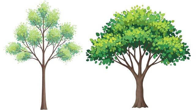 Two green illustrated trees swaying on isolated white background.