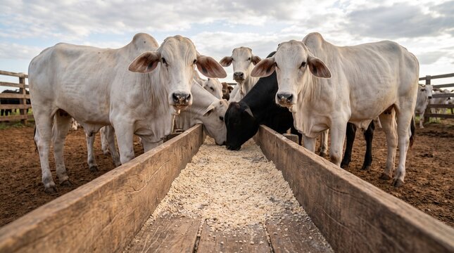Touros Nelore de elite alimentando-se em cocho de madeira em fazenda brasileira. Pecu&aacute;ria de alta produtividade, foco em melhoramento gen&eacute;tico, qualidade premium, sustentabilidade e manejo rural.