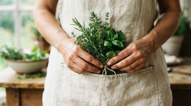 Close-up of hands holding a bundle of fresh culinary herbs tucked into a linen apron pocket. Rustic gardening and farm-to-table concept featuring organic rosemary, basil and thyme harvest.