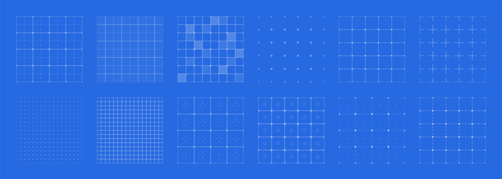 Seamless blueprint patterns with dots and dash lines, square grid on blue background. Technical graph texture, hud interface backdrop pattern, paper sheet geometric grid backgrounds vector set