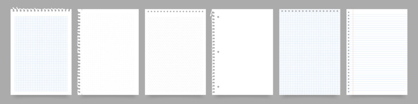 Blank notebook pages with grid patterns, lined and checkered white paper sheets. Empty A4 document page, line or dot torn paper sheet, isometric dotted page, geometric grid journal mockup vector set