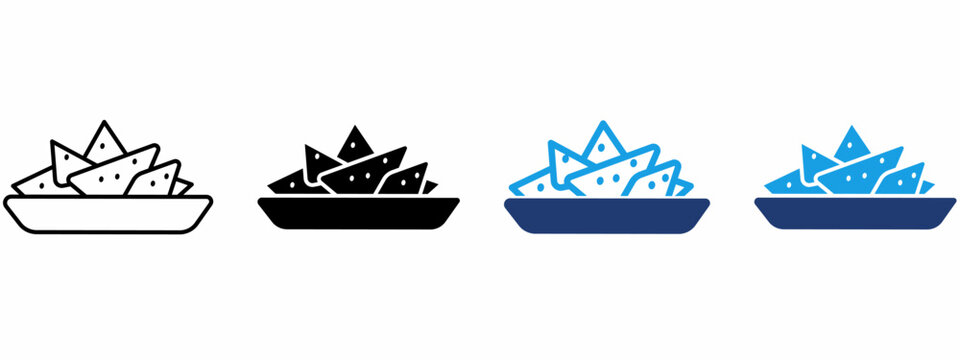 Mexican Nachos Tortilla Chips icon pack. Containing Outline, Glyph, Flat Blue, and Duotone styles.