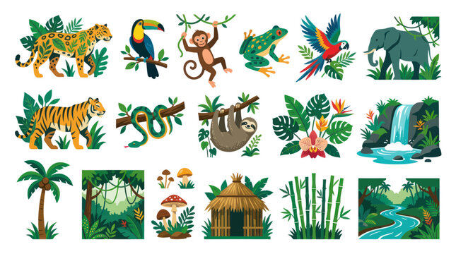 Flat Vector Illustration Set: Tropical Jungle Wildlife Animals, Plants and Landscape Elements