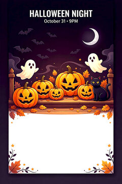 Halloween Night Party Poster with Pumpkins, Ghosts, and Black Cat