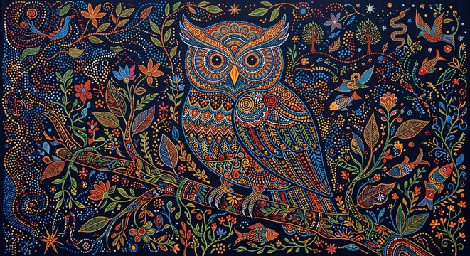 Gond Dot Art Owl On Branch With Flowers Fish And Birds On Dark Blue