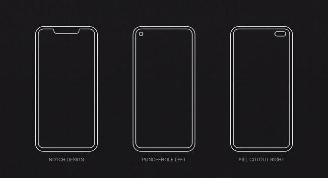 Minimalist line art illustration of smartphone display designs with notch and camera cutout styles