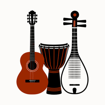 Set of musical instruments including acoustic guitar djembe drum and pipa string design.
