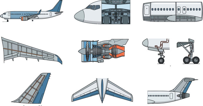 Technical flat vector illustration set of commercial jet aircraft components including engines and wing structure