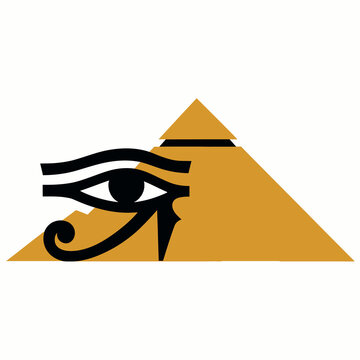 Ancient egyptian eye of horus over golden pyramid icon for culture and travel concepts.